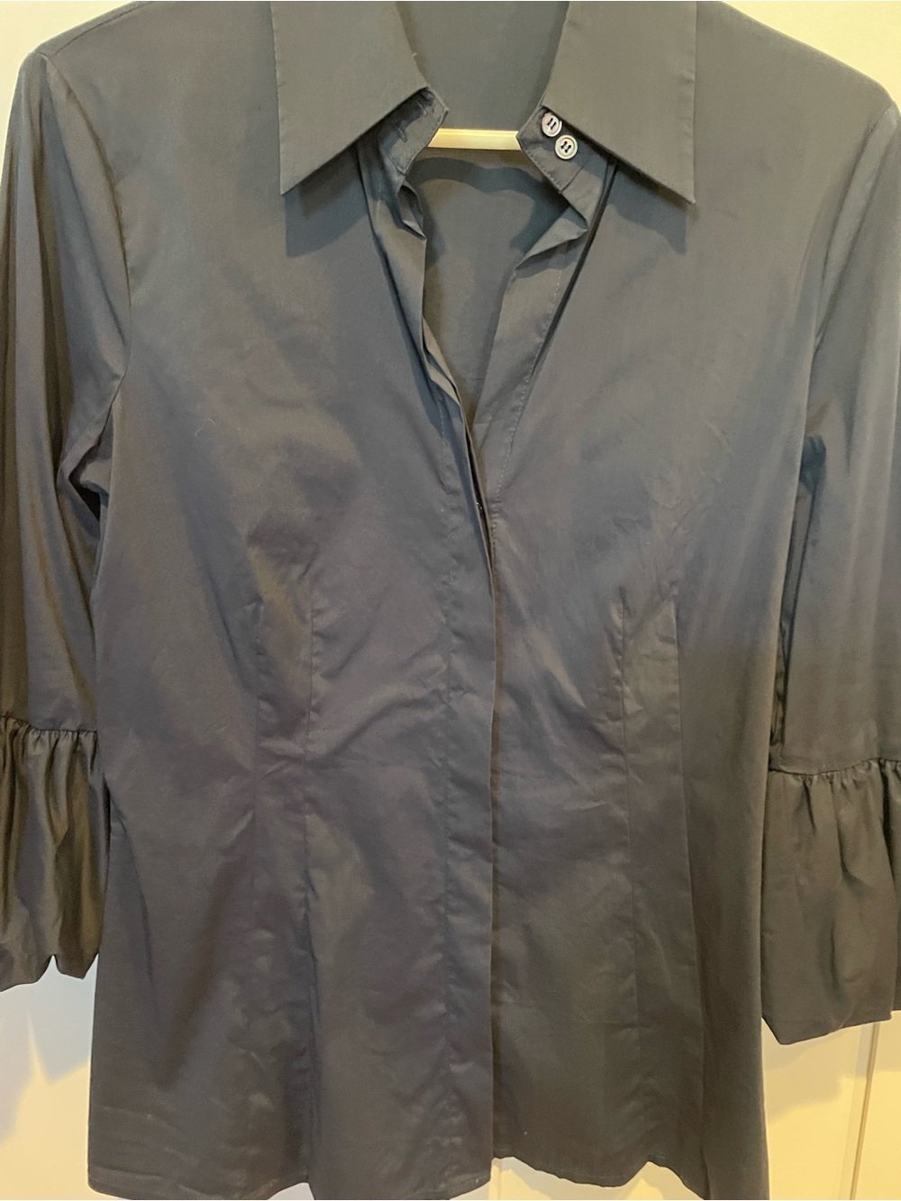 BCBGMaxAzria Navy Button-Up Blouse with Bell Sleeve Detail